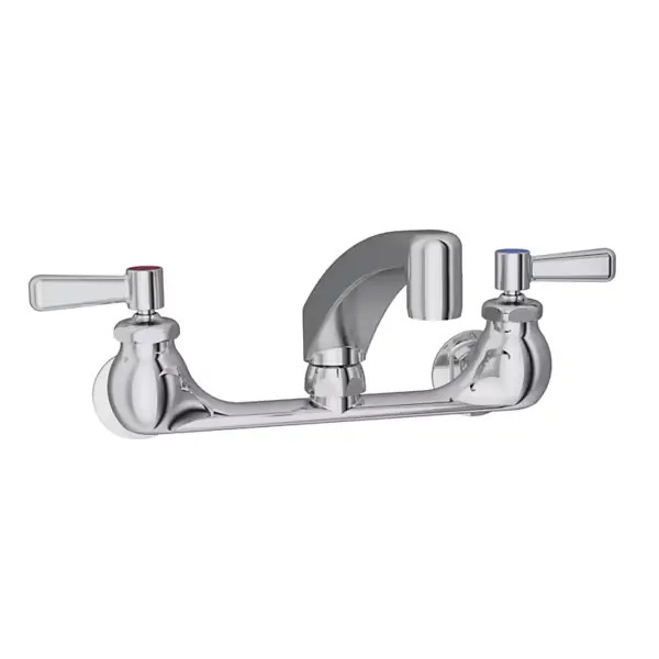 llave para servicio de alimentos, montaje en muro con centro de 8", con cuello tubular arqueado de 8", manerales tipo palanca de 2" y conexiones desplazadas de 1/2", acabado cromo