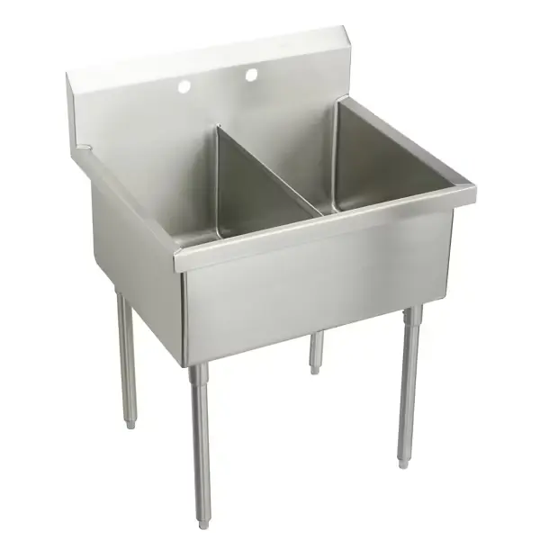 ss82362-fregadero industrial sturdibilt® de acero inoxidable, montaje en piso, 2 compartimentos, 2 perforaciones, medidas 39" x 27-1/2" x 14"