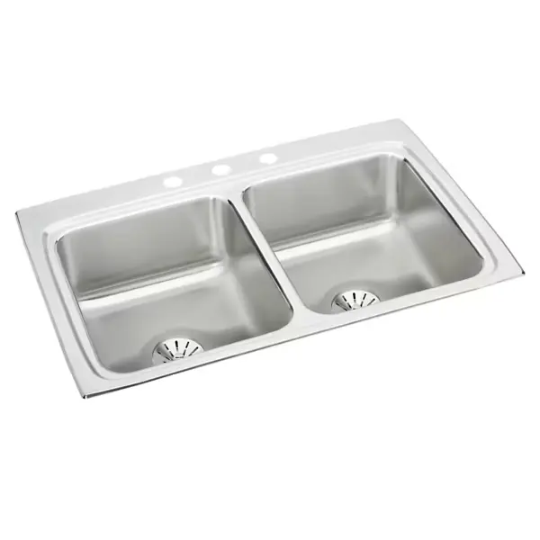 lustertone® classic stainless steel 33" x 22" x 8-1/8" equal double bowl drop-in sink with perfect drain